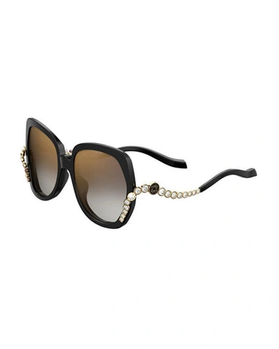 Elie Saab Square Acetate Sunglasses W/ Crystal Wave Arms In Black