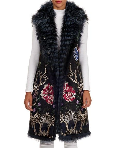 Gianfranco Ferre Reversible Embroidered Fox-fur Vest In Blue