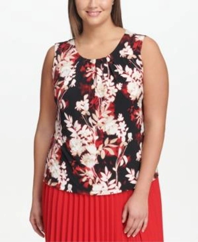 Calvin Klein Plus Size Floral-print Pleated Top In Red Multi