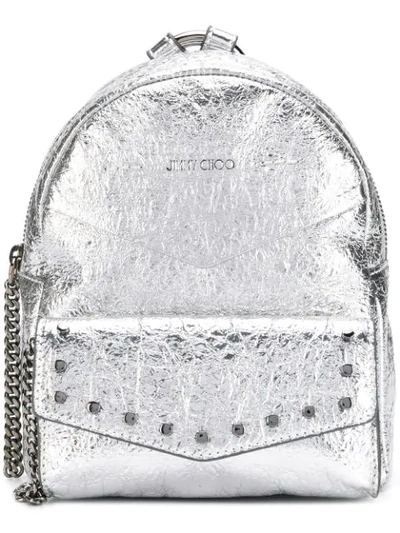 Jimmy Choo Cassie/s Silver Crushed Metallic Leather Backpack With Round Stud Detailing