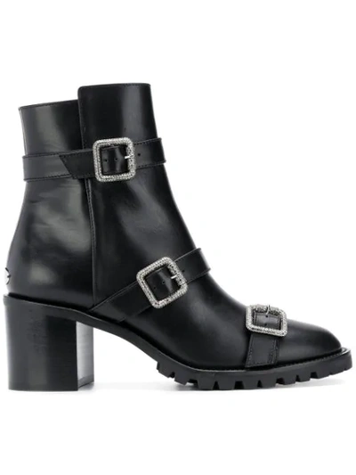 Jimmy Choo Hank 65 Black Smooth Leather Boots With Jewel Buckles