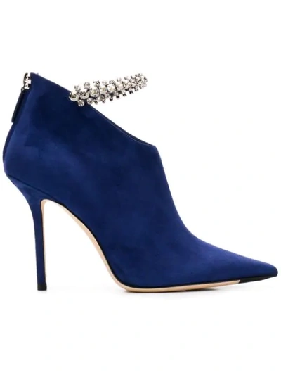 Jimmy Choo Blaize 100 Pop Blue Suede Booties With Crystal Strap
