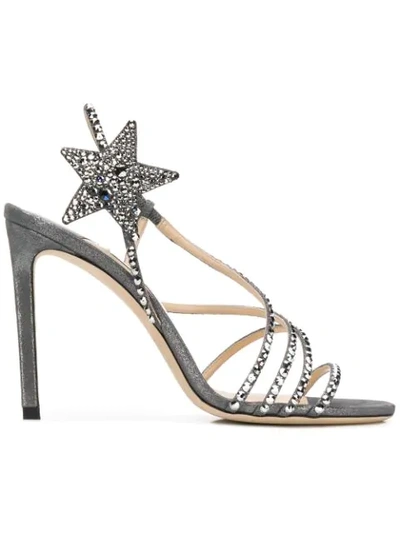 Jimmy Choo Lynn 100 Anthracite Shimmer Suede Sandals With Hotfix Crystals In Grey