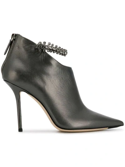 Jimmy Choo Blaize 100 Anthracite Metallic Nappa Leather Booties With Crystal Strap In Grey