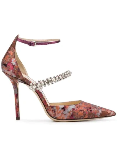 Jimmy Choo Bobbie 100 Rosewood Mix Painterly Brocade Pointy Toe Pumps With Crystal Strap