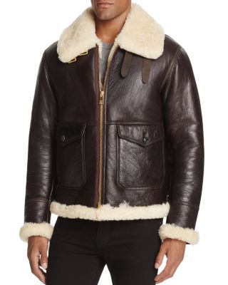 Burberry Huxley Shearling Leather Aviator Jacket In Dark Cognac | ModeSens