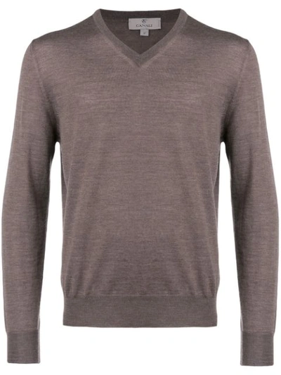 Canali Fine Knit V-neck Sweater In Brown