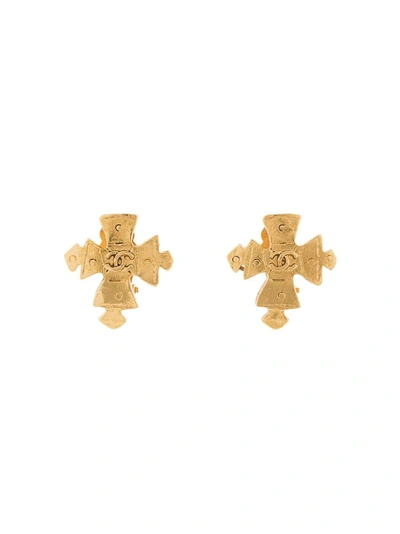 Pre-owned Chanel Vintage Cross Motif Cc Earrings - Gold