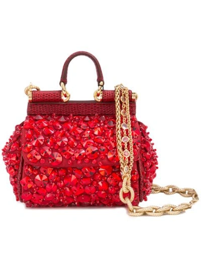Dolce & Gabbana Micro Sicily Bag In Satin With Embroideries In Red