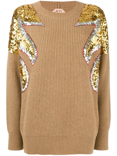 N°21 Nº21 Sequin Embroidered Sweater - Neutrals In Nude & Neutrals