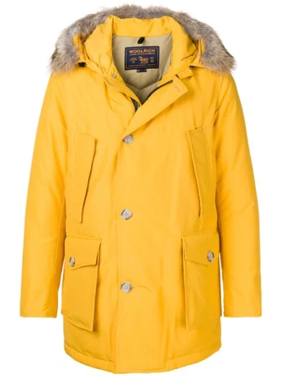 Woolrich Short Hooded Padded Coat In Yellow