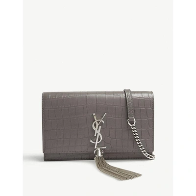 Saint Laurent Kate Croc-embossed Leather Wallet-on-chain In Fog