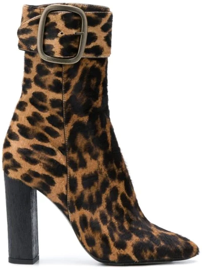 Saint Laurent Leopard Print Pony Hair Joplin Buckle Boots In Natural