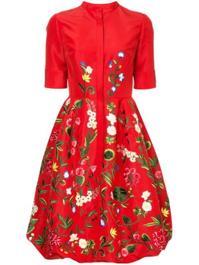 Oscar De La Renta Elbow-sleeve Botanical-embroidered Bubble-hem Day Dress In Red