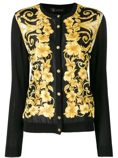 Versace Hibiscus-print Silk-front Button-down Cardigan In Black Gold