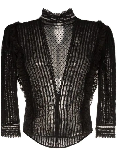 Isabel Marant Roscoe 3/4-sleeve Sheer Lattice Lace Blouse In Black