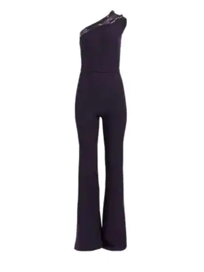 Safiyaa Beaded Crepe One-shoulder Jumpsuit In Midnight