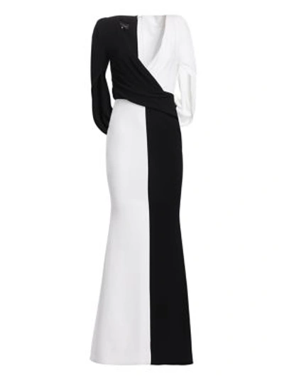 Talbot Runhof V-neck Cape-back Trumpet Colorblocked Evening Gown In White Black