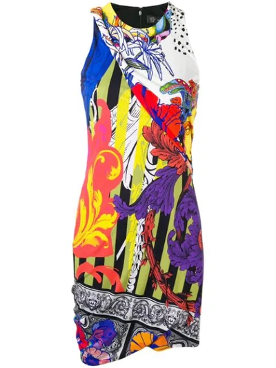 Versace Sleeveless Multi-print Viscose Mini Dress W/ Asymmetric-hem