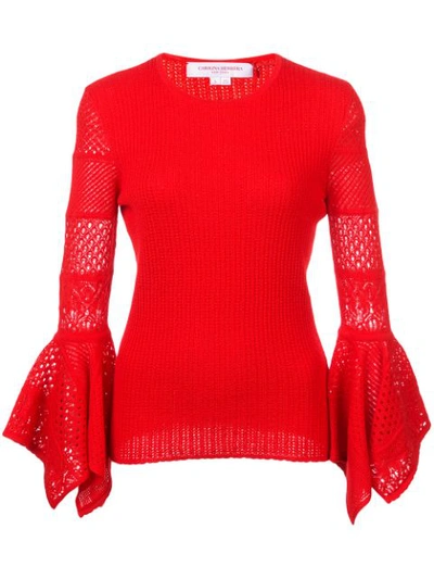 Carolina Herrera 3/4-sleeve Pointelle-lace Knit Pullover Sweater In Red