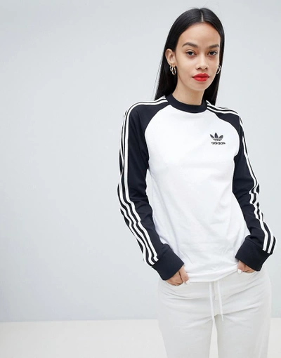 Adidas Originals Three Stripe Long Sleeve T-shirt In Black And White -  White | ModeSens
