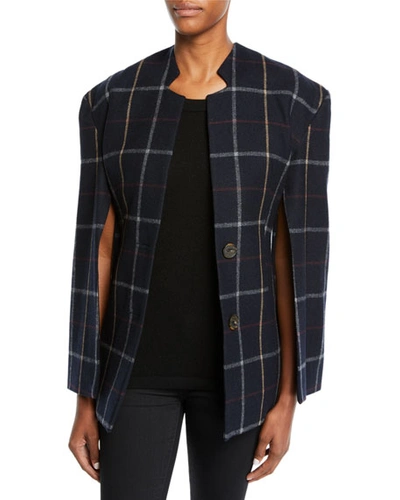 A.w.a.k.e. Fitted Notch-collar Check Jacket With Open Sleeves In Navy
