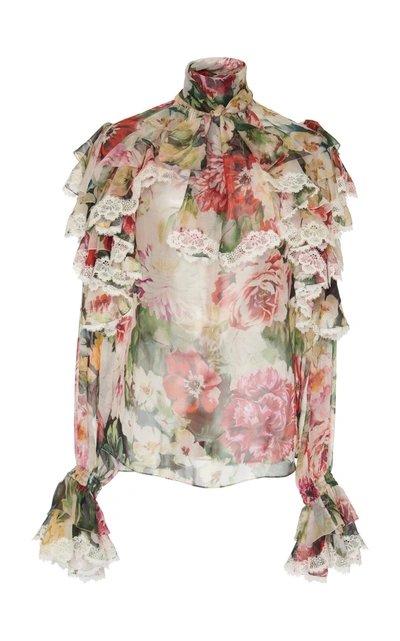 Dolce & Gabbana Ruffled Lace-trimmed Floral Silk-georgette Blouse