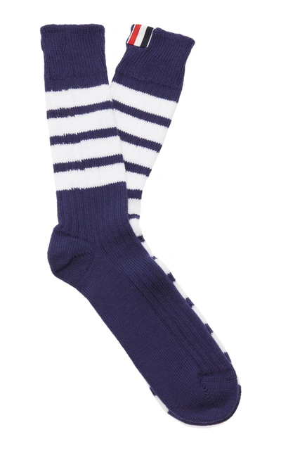 Thom Browne Striped Mid-calf Cotton Socks In Navy