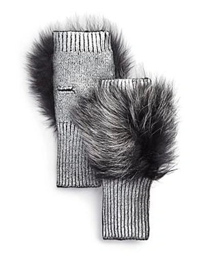 Jocelyn Fox Fur-trim Metallic Fingerless Gloves In Silver