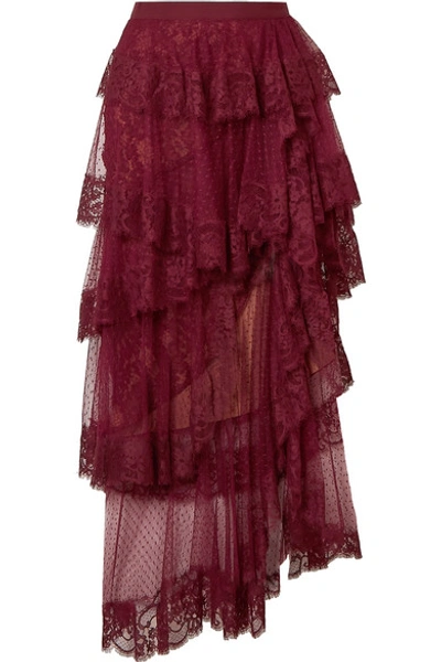 Elie Saab Tiered Cotton-blend Lace And Swiss-dot Tulle Midi Skirt In Burgundy