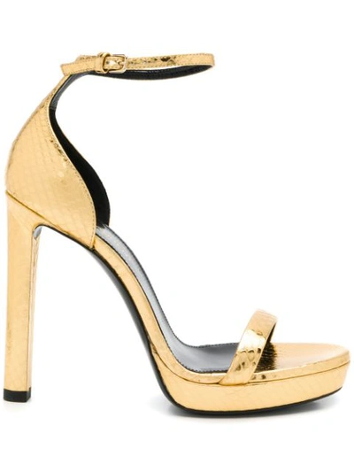 Saint Laurent Hall 100 Metallic Snakeskin Platform Sandals In Gold