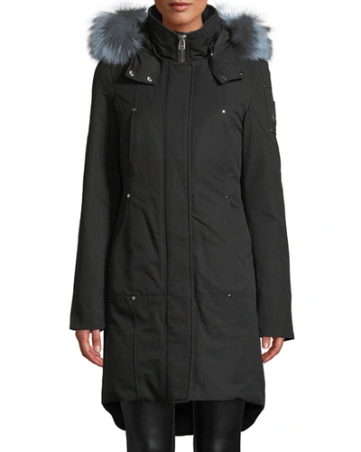 Moose Knuckles Ivex Valley Parka Coat W/ Fur Hood In Black/blue Fur