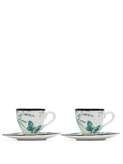 Gucci Set Of Two Herbarium Porcelain Cups And Saucers In Green Multi
