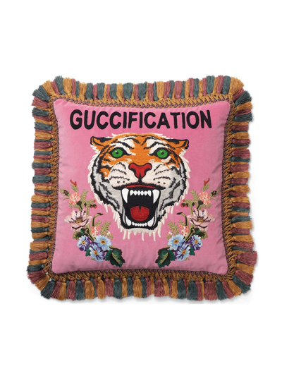 Gucci Tiger Embroidered Velvet Cushion In Pink,multi