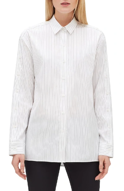 Lafayette 148 Trinity Stanford Stripe Blouse With Buttoned Sleeves In Black Multi