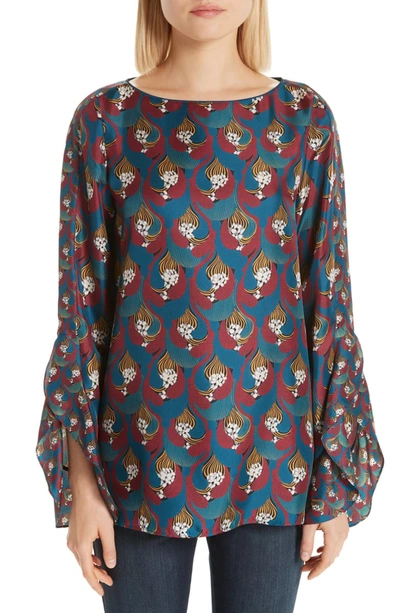 Lafayette 148 Emory Printed Ruffle Sleeve Blouse In Empress Teal Multi