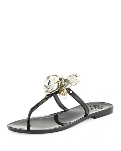 Tory Burch Blossom Flat Jelly Thong Sandal, Black | ModeSens