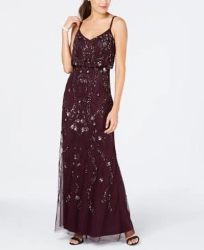 Adrianna Papell Floral Beaded Blouson Gown In Night Plum