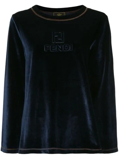 Pre-owned Fendi Logo Embossed Velour Sweater In Blue