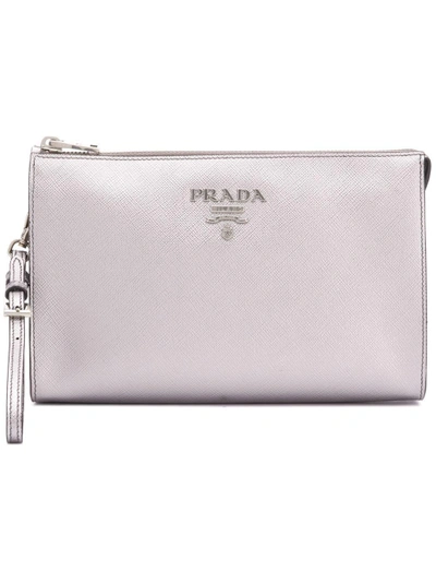 Prada Logo Clutch Bag In Silver