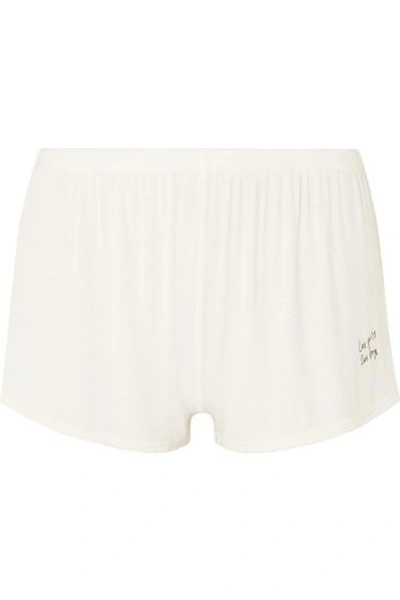 Les Girls Les Boys Embroidered Ribbed Stretch-jersey Pajama Shorts In Ecru