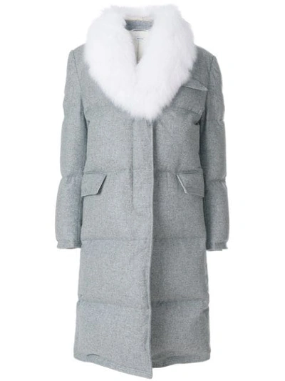 Thom Browne Flannel Down Filled Chesterfield Dress With Fox Fur Trim In Grey