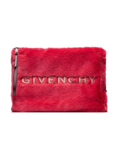 Givenchy Red And White Logo Embroidered Faux Fur Pouch