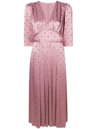 Fendi Flutter-sleeve Studded Satin V-neck Dress In Pink