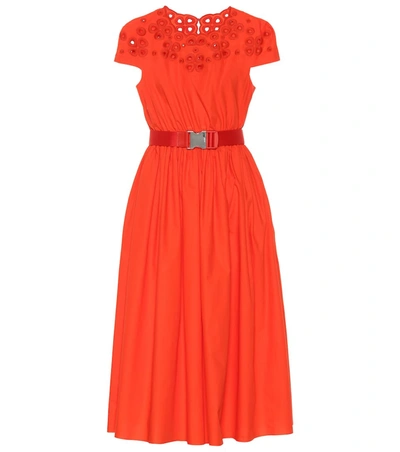 Fendi Cap-sleeve Eyelet-embroidered Cotton Midi Dress In Red