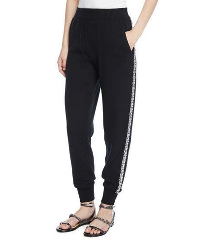 Michael Kors Cashmere Crystal-striped Joggers In Black