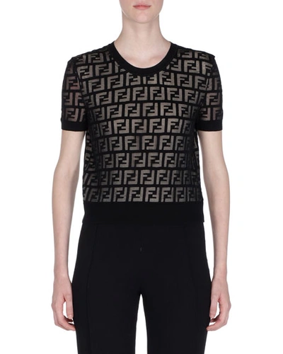 Fendi Short-sleeve Logo-devore Knit Top In Black Pattern