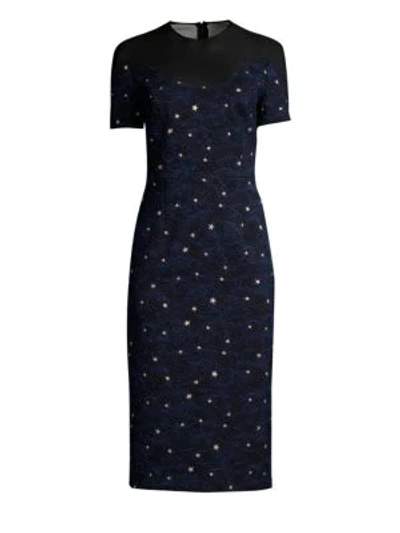 Escada Short-sleeve Night-sky Jacquard Sheath Dress In Black Blue