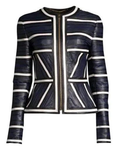 Escada Leather Seamed-stripe Zip Jacket In Blue