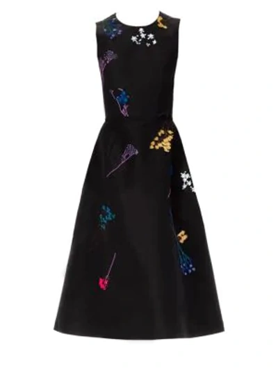 Carolina Herrera Sleeveless Floral-embroidered A-line Knee-length Dress In Black